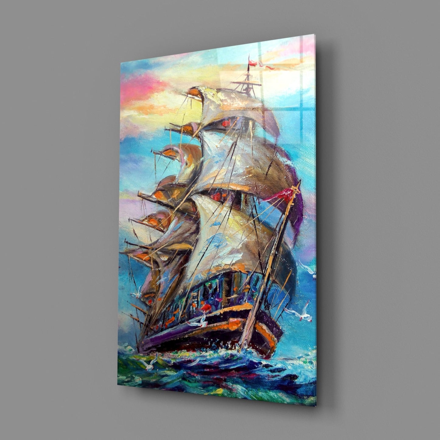 Tall Ship Under Pastel Sky Painting Glass Wall Art