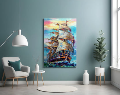 Tall Ship Under Pastel Sky Painting Glass Wall Art