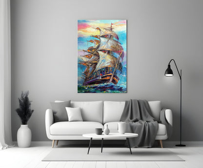Tall Ship Under Pastel Sky Painting Glass Wall Art
