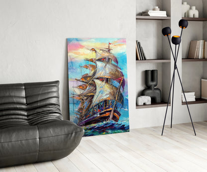 Tall Ship Under Pastel Sky Painting Glass Wall Art
