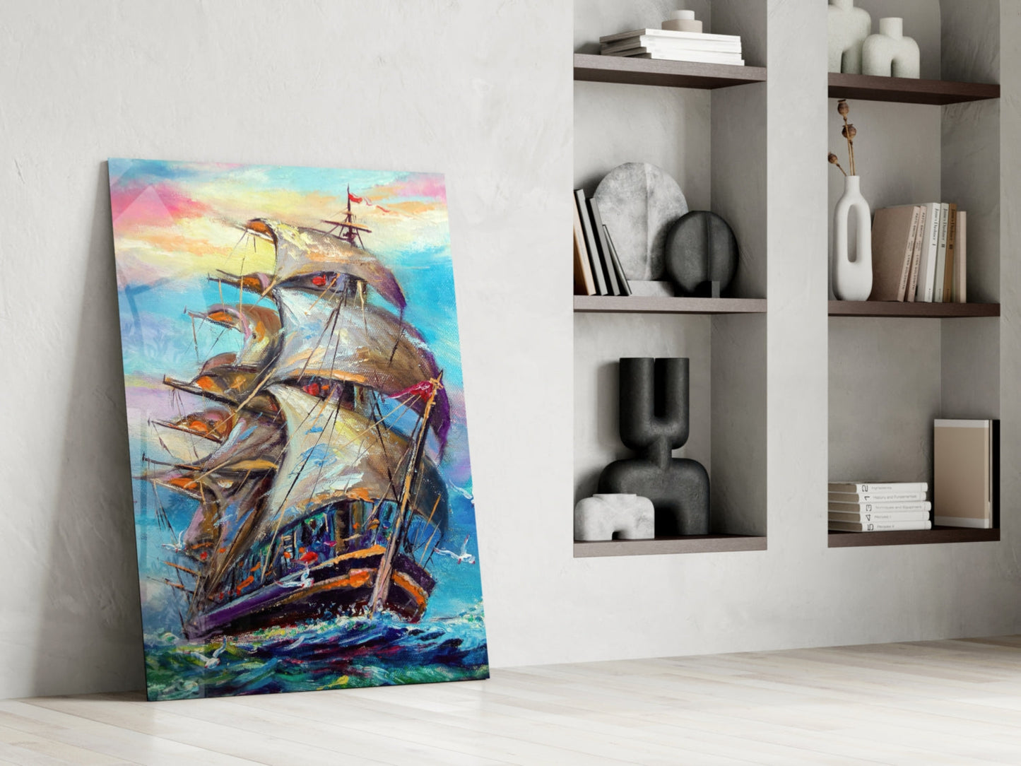 Tall Ship Under Pastel Sky Painting Glass Wall Art