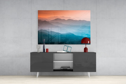 Orange Blue Misty Mountain Layers Glass Wall Art