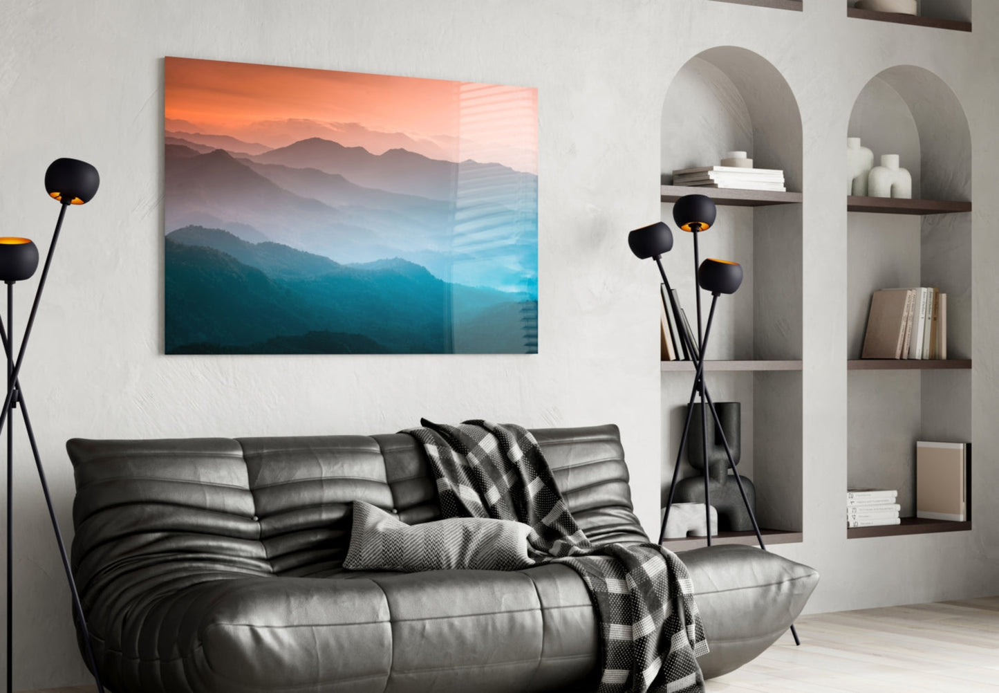 Orange Blue Misty Mountain Layers Glass Wall Art