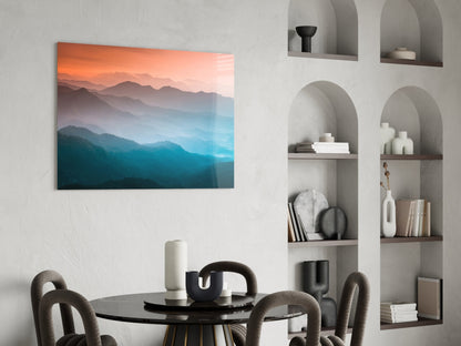 Orange Blue Misty Mountain Layers Glass Wall Art