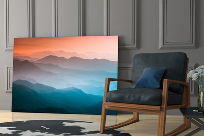 Orange Blue Misty Mountain Layers Glass Wall Art