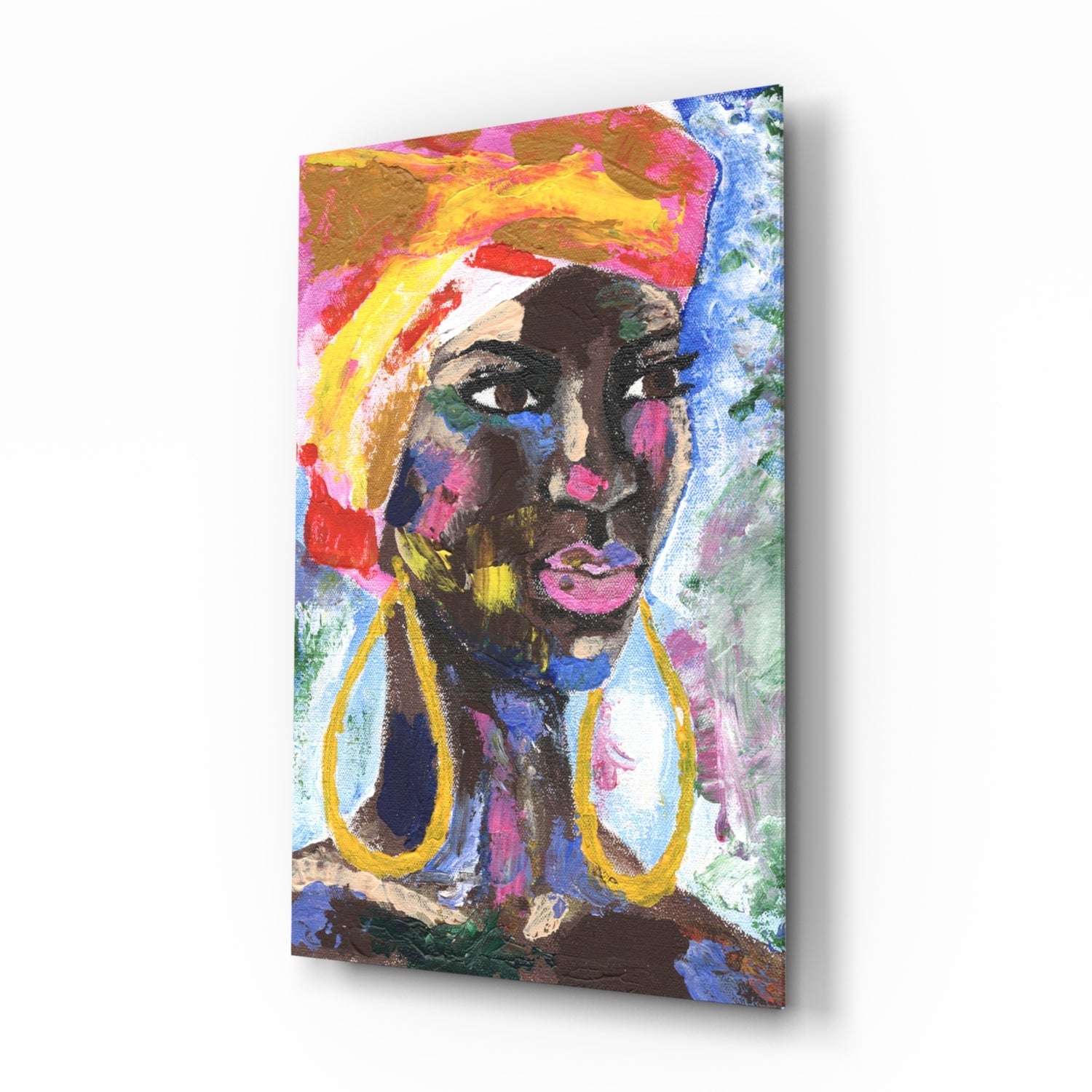 Colorful abstract portrait of a woman with vibrant yellow, pink, and blue paint strokes on glass, displayed at an angle against white background.