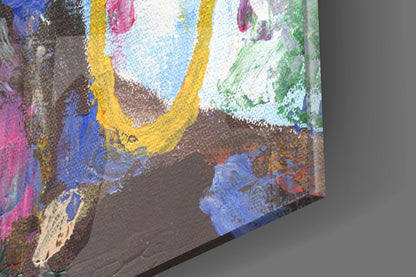 Close-up side view of colorful glass wall art showing layered paint strokes in blue, yellow, pink, green, and brown on textured surface.