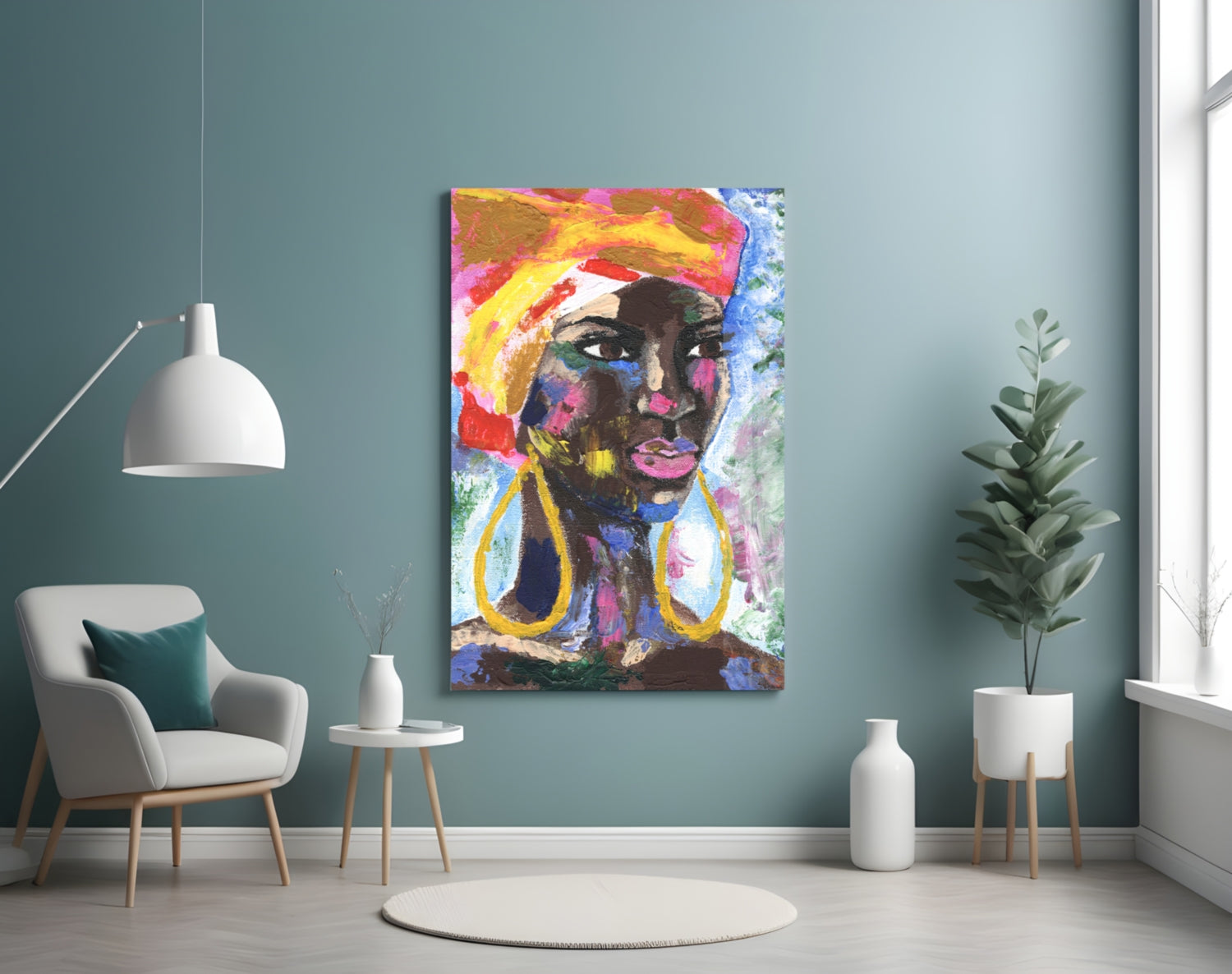 Colorful portrait glass art depicting a woman with vibrant yellow headwrap and large gold earrings displayed on teal wall above modern chair.