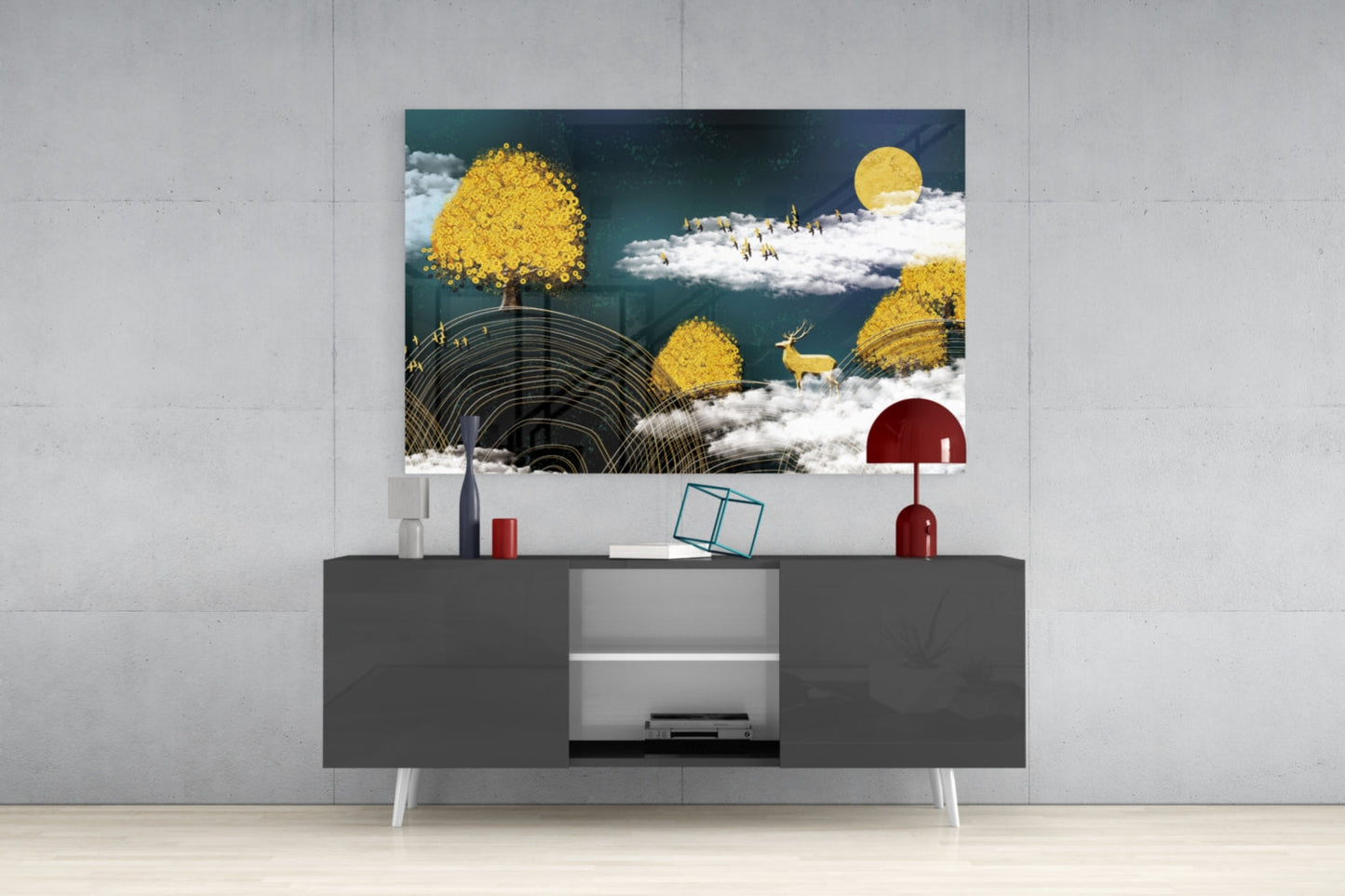 Golden Trees Deer And Clouds Glass Wall Art