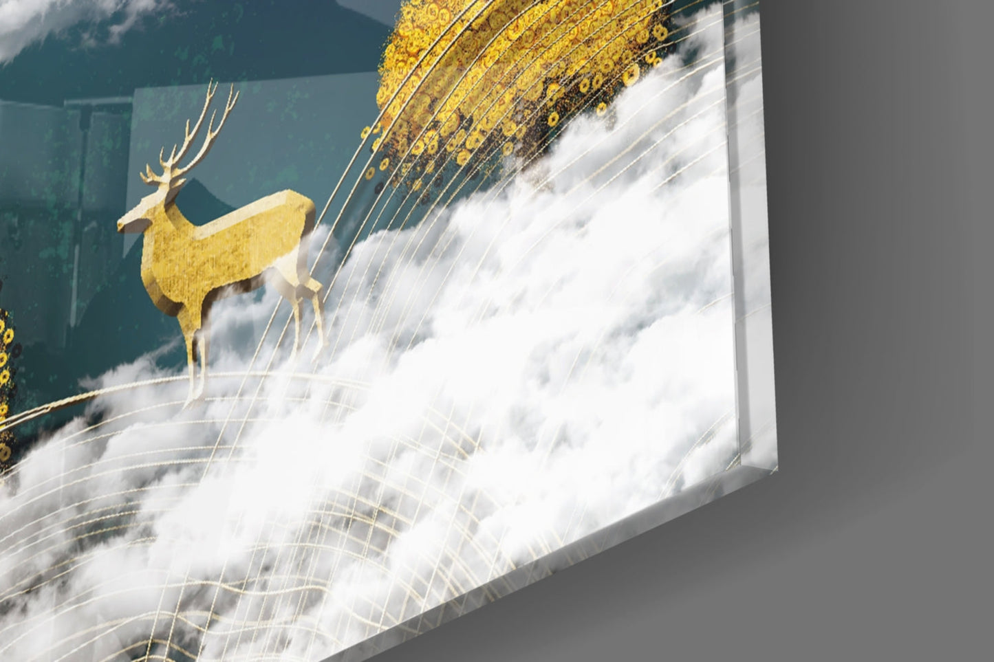 Golden Trees Deer And Clouds Glass Wall Art