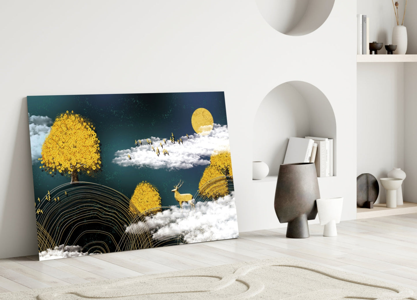 Golden Trees Deer And Clouds Glass Wall Art