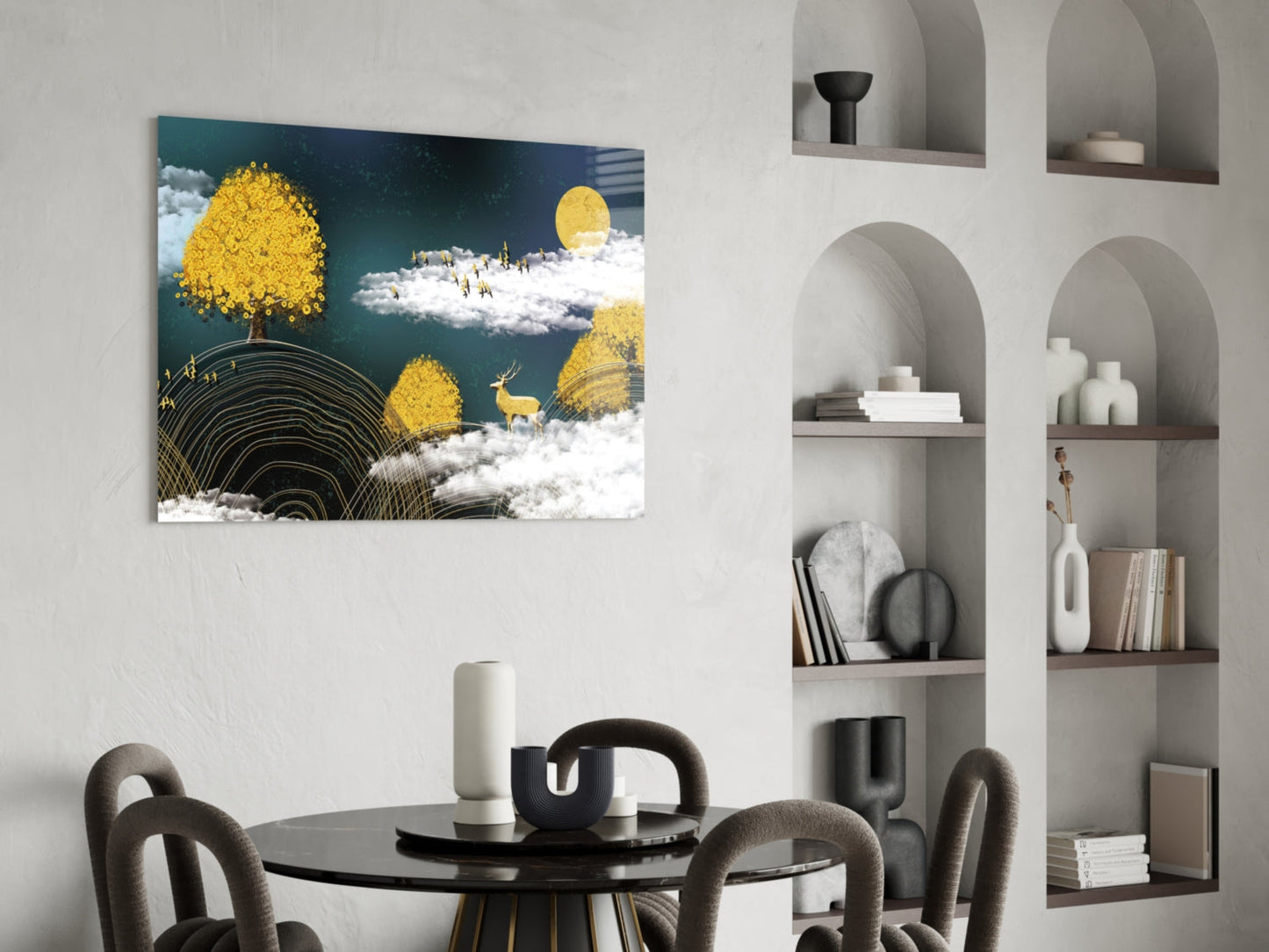 Golden Trees Deer And Clouds Glass Wall Art
