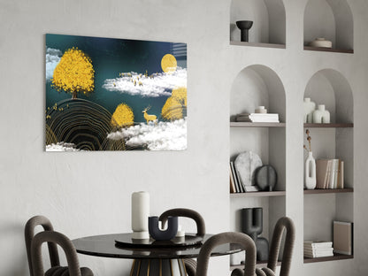 Golden Trees Deer And Clouds Glass Wall Art