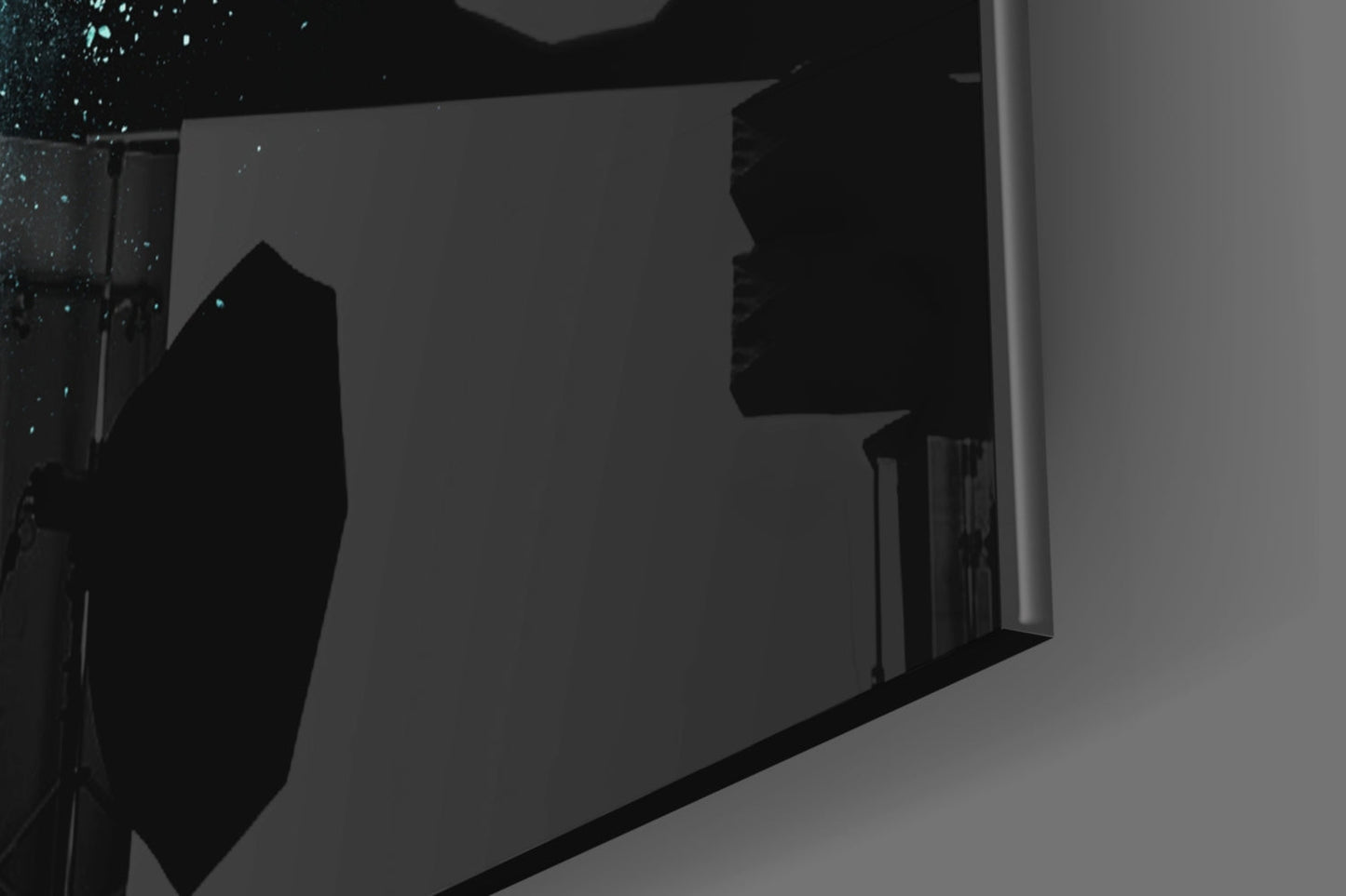 Silhouetted view of luminous parrot glass wall art installed on dark wall with ambient lighting creating glowing effect.