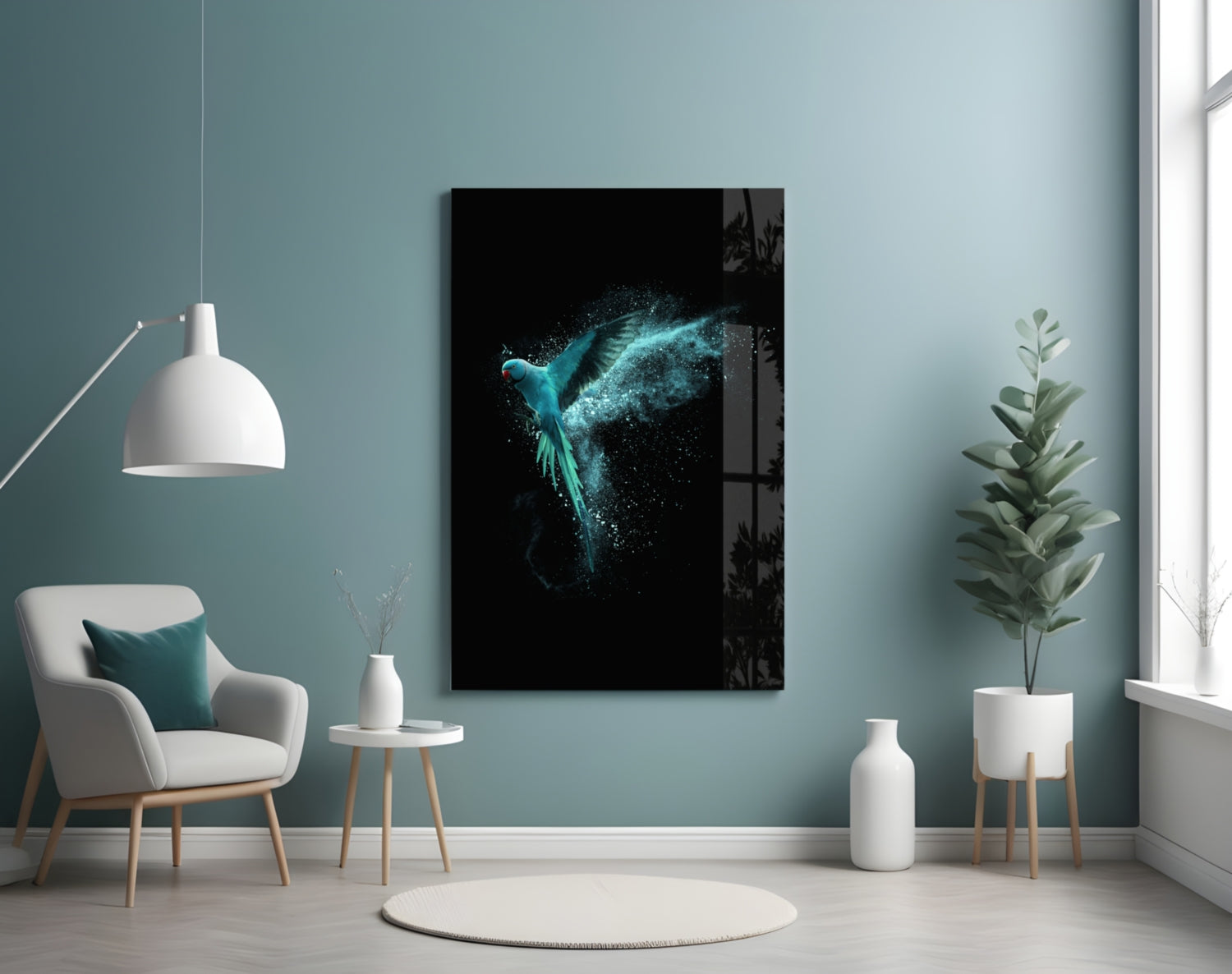 Luminous Parrot Glass Wall Art displayed on a teal wall in a modern living room with white furniture and plants.