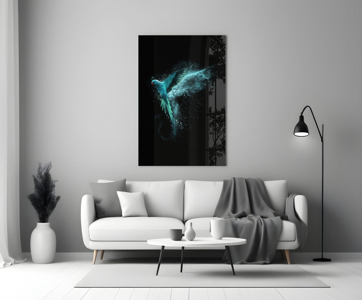 Luminous turquoise parrot with glowing wings on black background, displayed as framed wall art above white sofa in modern living room.