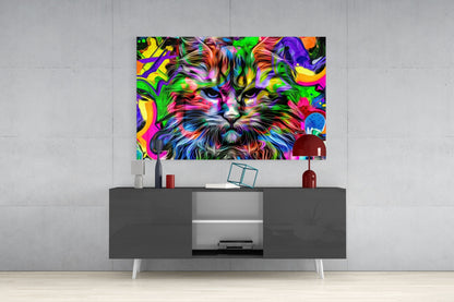 Psychedelic Pop Art Cat Glass Wall Art
