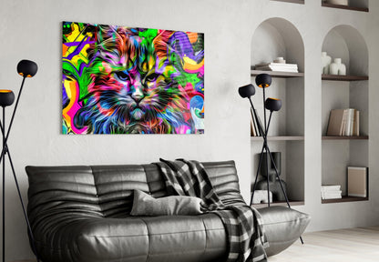 Psychedelic Pop Art Cat Glass Wall Art