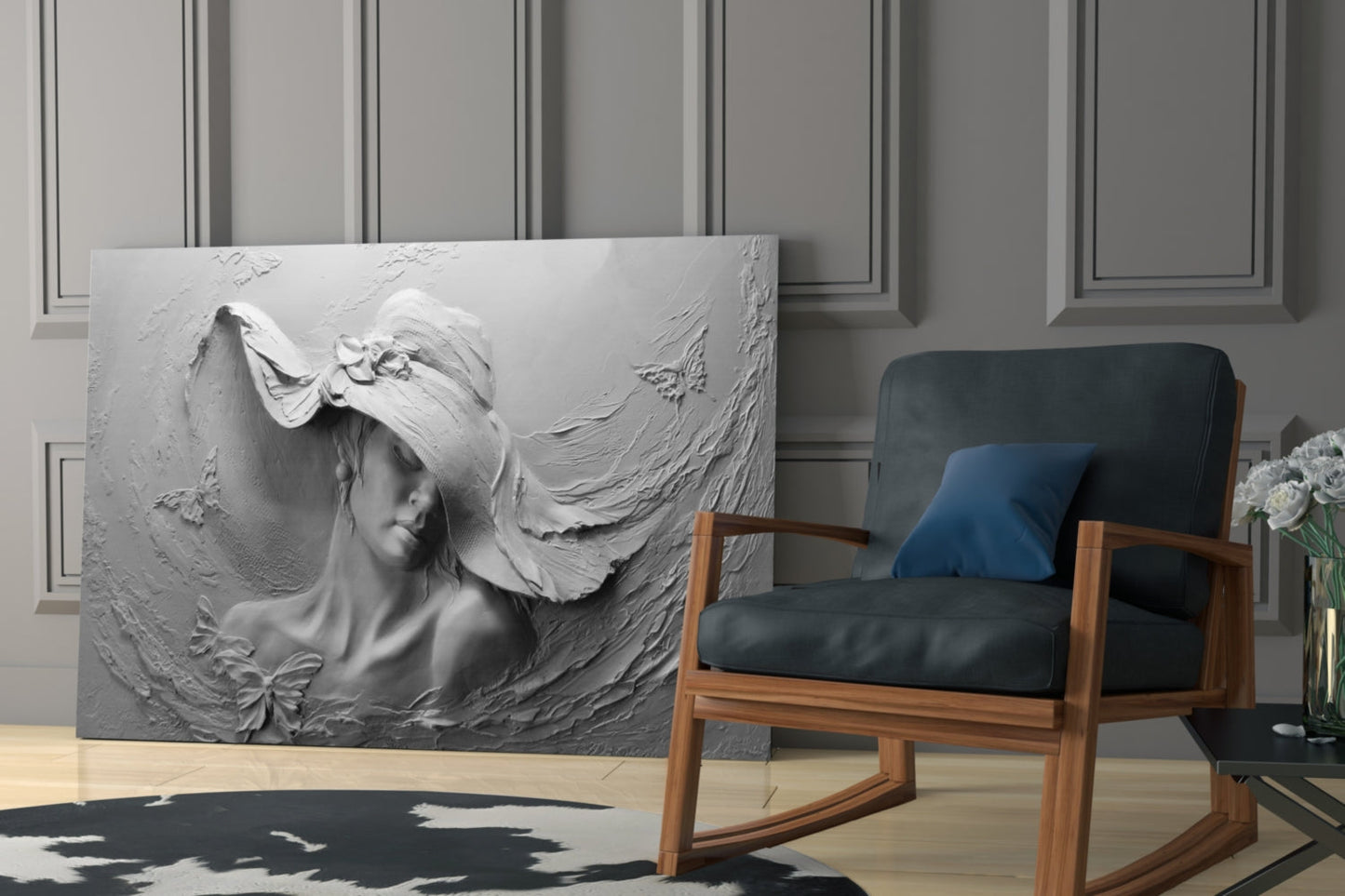 White textured relief sculpture of a woman's profile with flowing hair and butterfly detail displayed in modern interior with wooden chair and paneled walls.