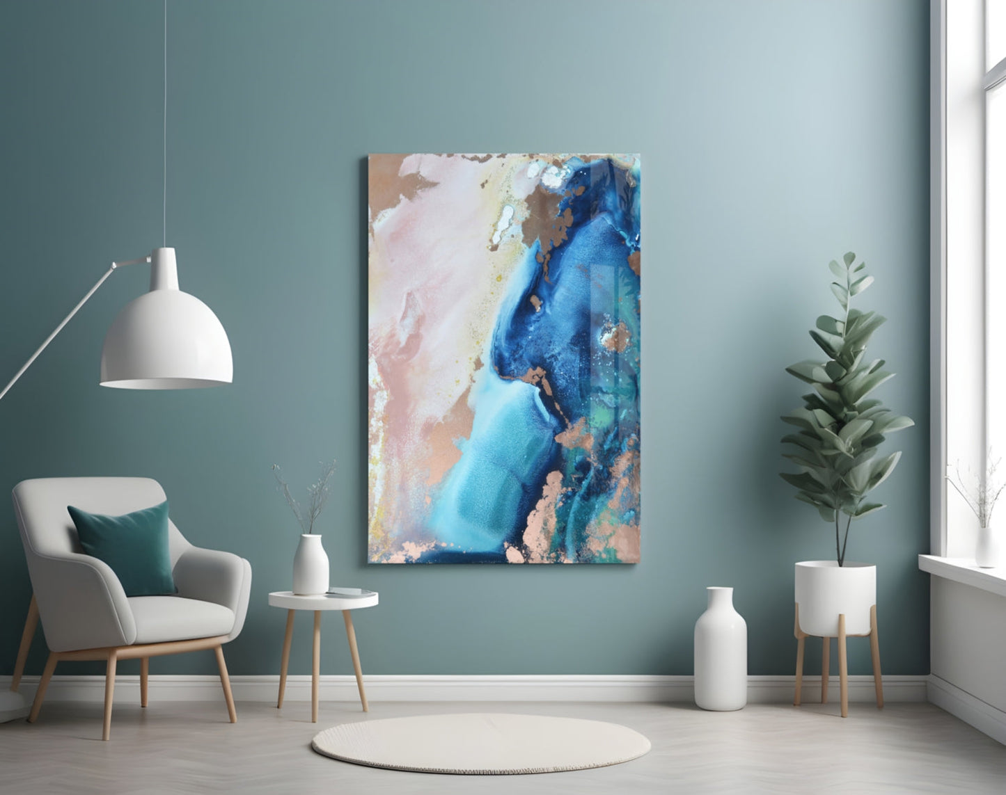 Blue Copper Ink Marble Flow Glass Wall Art