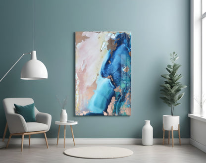 Blue Copper Ink Marble Flow Glass Wall Art