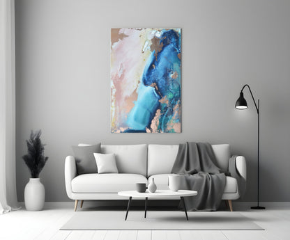 Blue Copper Ink Marble Flow Glass Wall Art