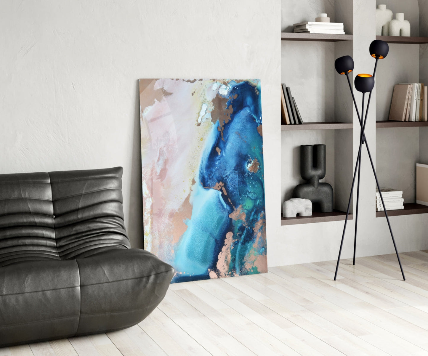 Blue Copper Ink Marble Flow Glass Wall Art