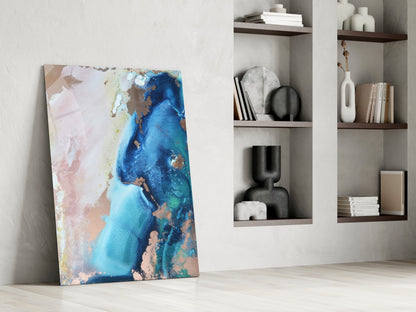 Blue Copper Ink Marble Flow Glass Wall Art
