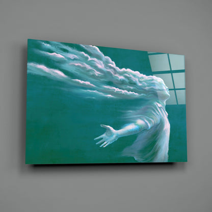 Cloud Head Figure Reaching Hand Teal Glass Wall Art