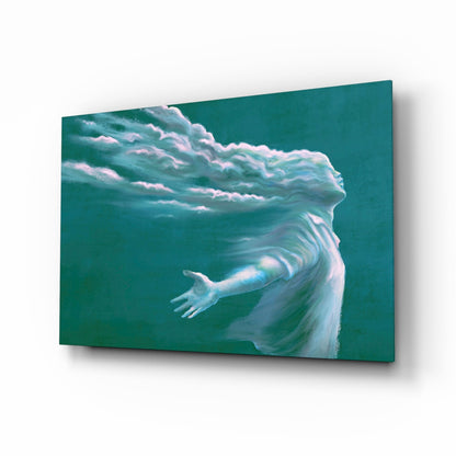 Cloud Head Figure Reaching Hand Teal Glass Wall Art