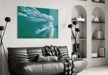 Cloud Head Figure Reaching Hand Teal Glass Wall Art