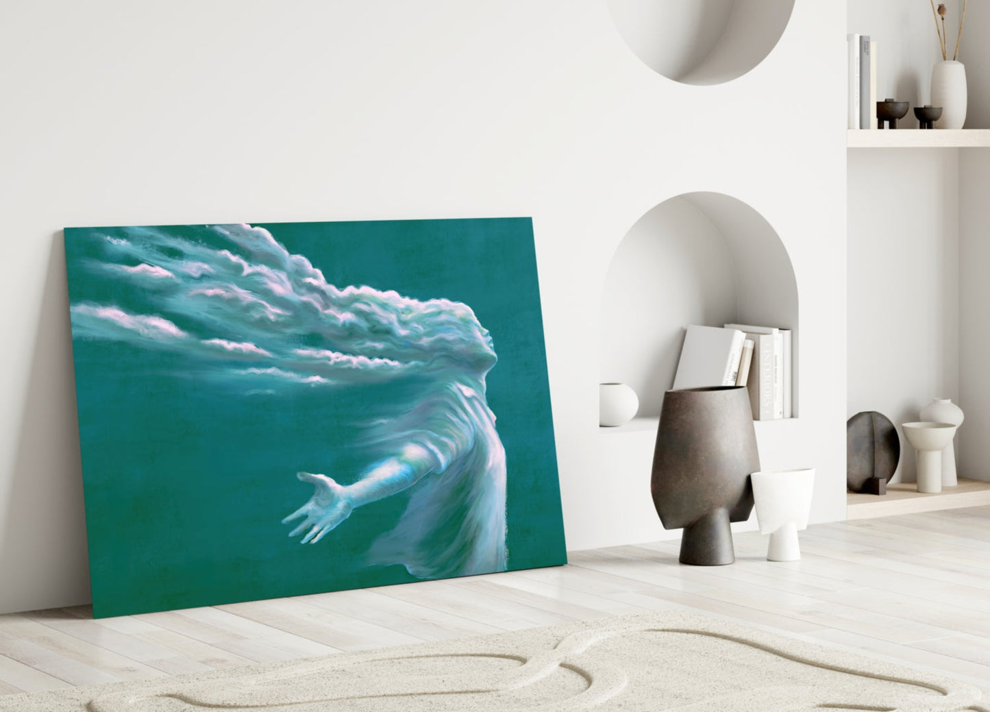 Cloud Head Figure Reaching Hand Teal Glass Wall Art