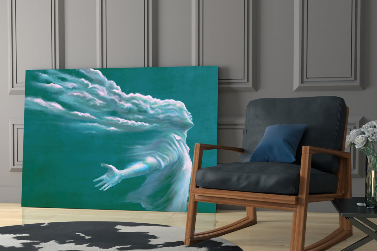 Cloud Head Figure Reaching Hand Teal Glass Wall Art