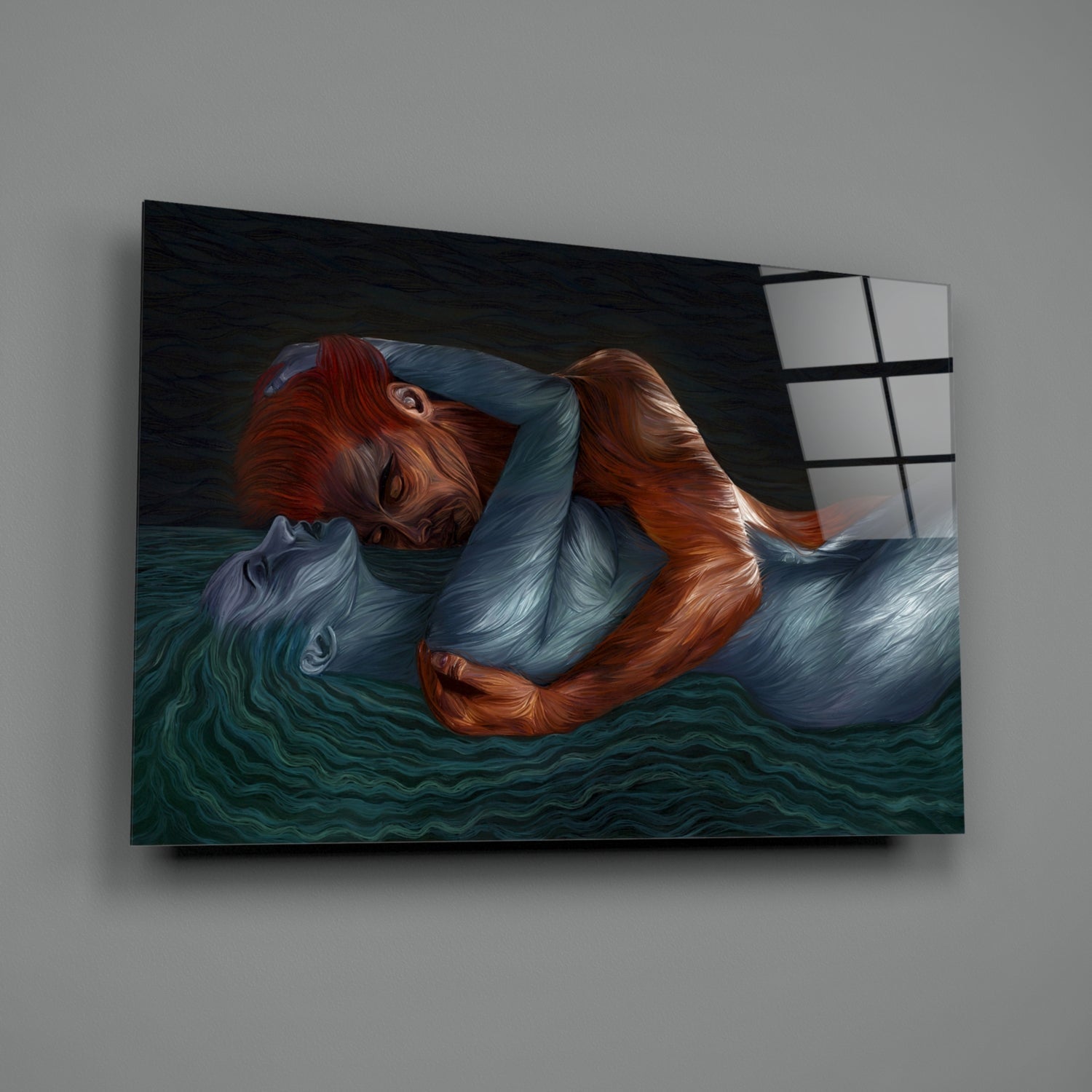 Glass wall art mounted on gray wall showing illustrated figure with red hair in blue clothing floating in teal water.