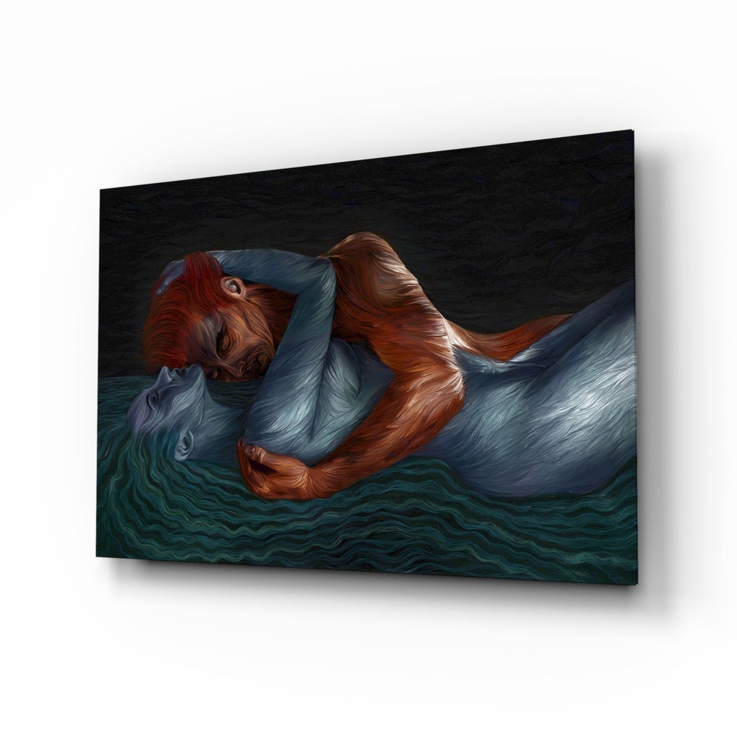 Glass wall art featuring a figure with reddish-brown hair in blue clothing floating in dark teal water against black background.