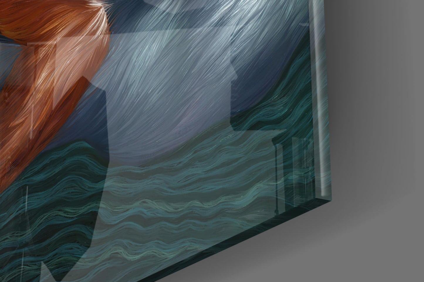 Close-up angled view of glass wall art featuring red, blue, and teal streaked patterns with layered translucent panels.