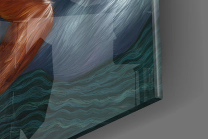 Close-up angled view of glass wall art featuring red, blue, and teal streaked patterns with layered translucent panels.