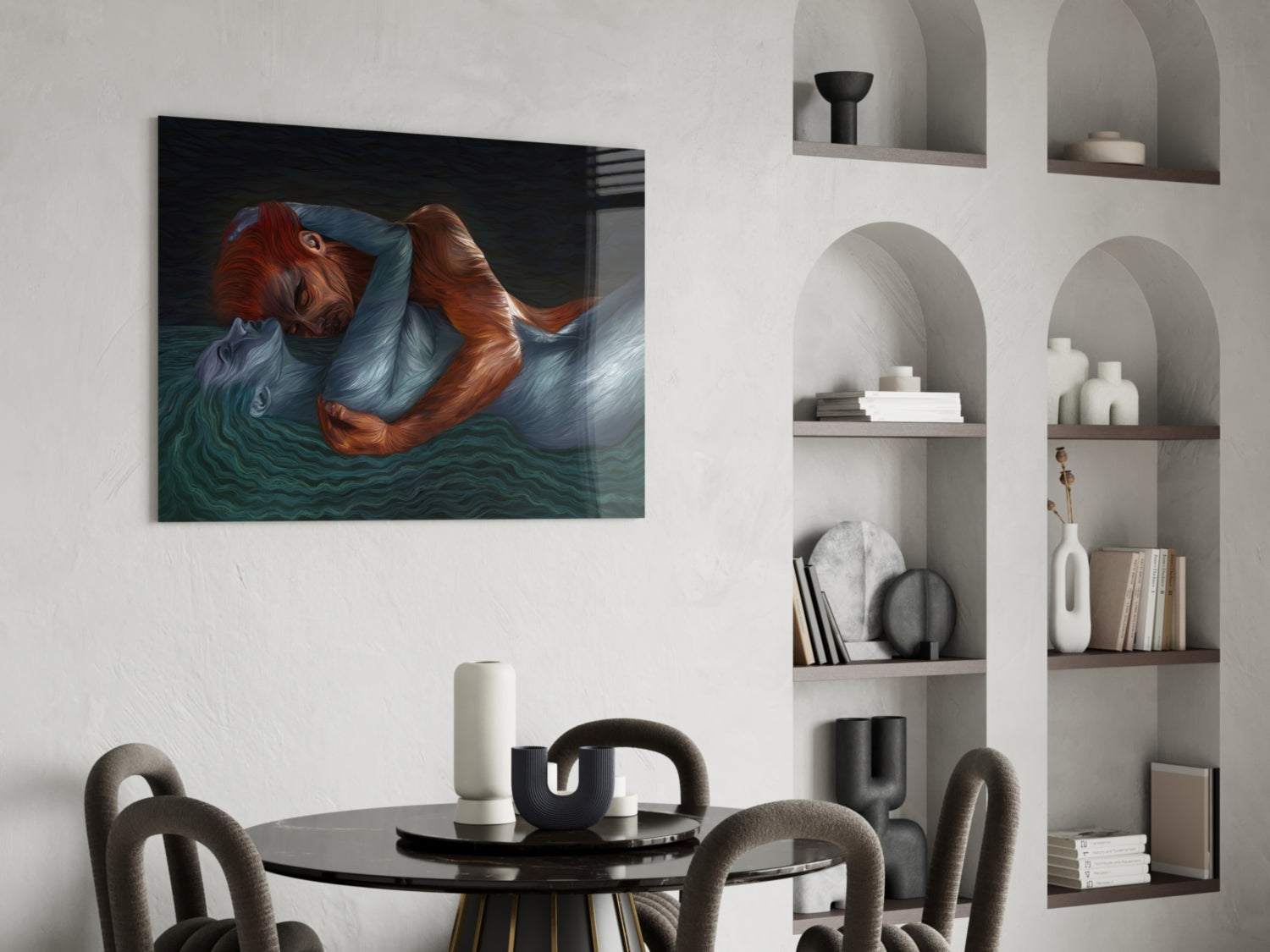 Glass wall art depicting a figure with red hair in blue clothing floating in dark teal water, displayed above a black dining table.
