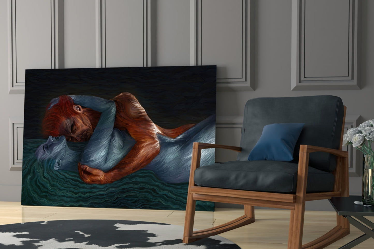 Glass wall art depicting a woman with flowing red hair floating in teal water, displayed in a modern living room with wooden chair.
