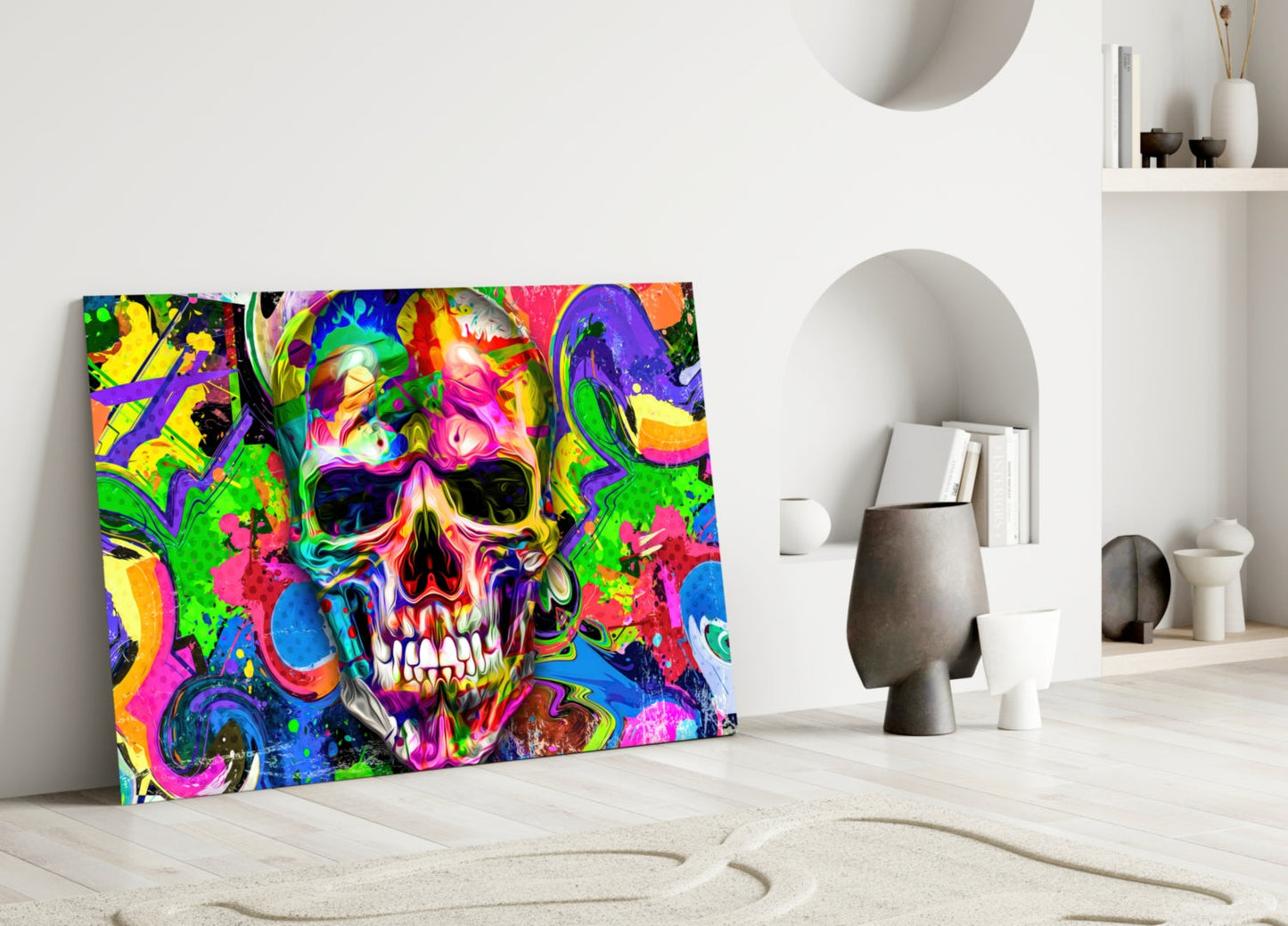 Neon Graffiti Pop Art Skull Glass Wall Art