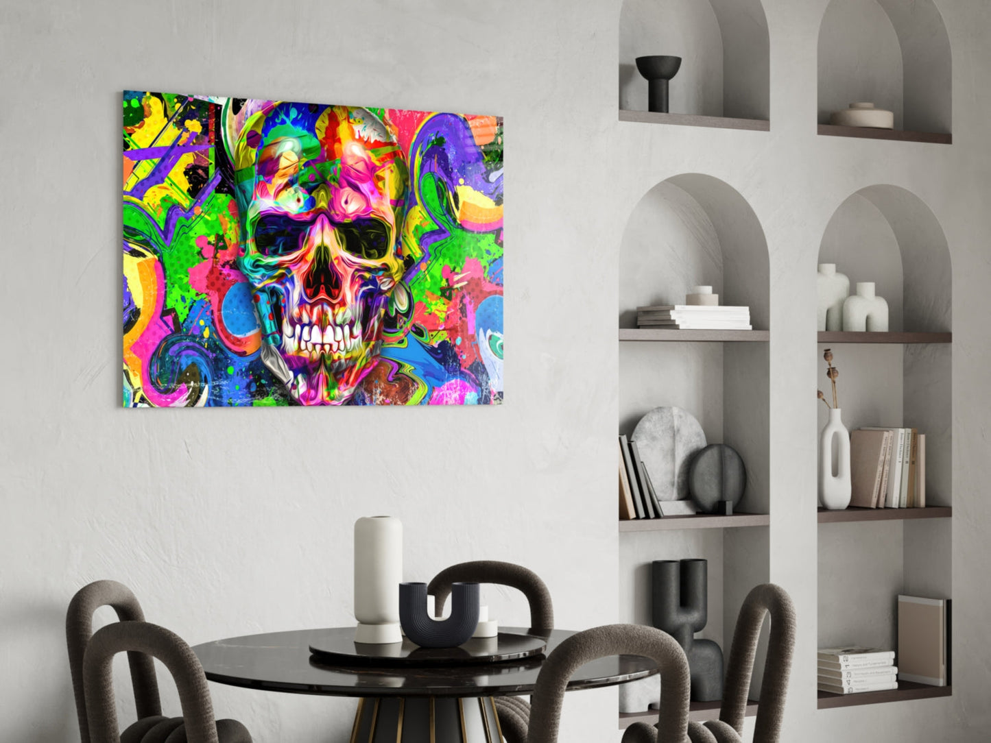 Neon Graffiti Pop Art Skull Glass Wall Art