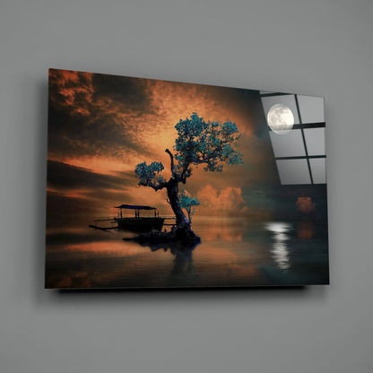 Turquoise Tree Moonlit Lake Boat Glass Wall Art