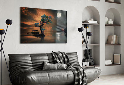 Turquoise Tree Moonlit Lake Boat Glass Wall Art