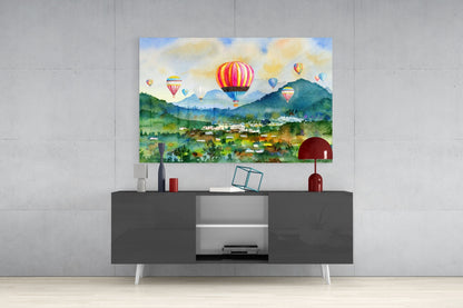 Watercolor Balloons Over Green Valley Glass Wall Art
