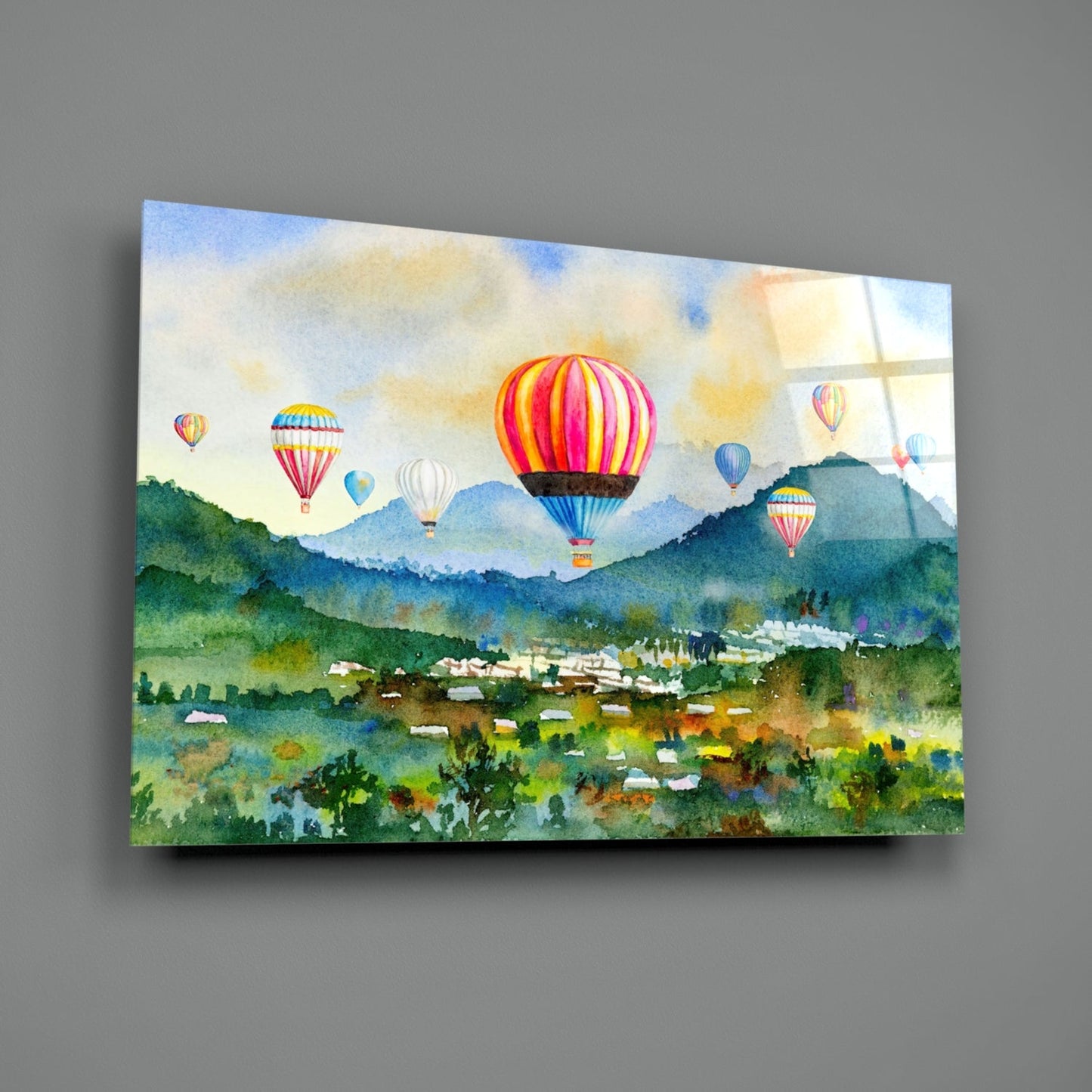 Watercolor Balloons Over Green Valley Glass Wall Art
