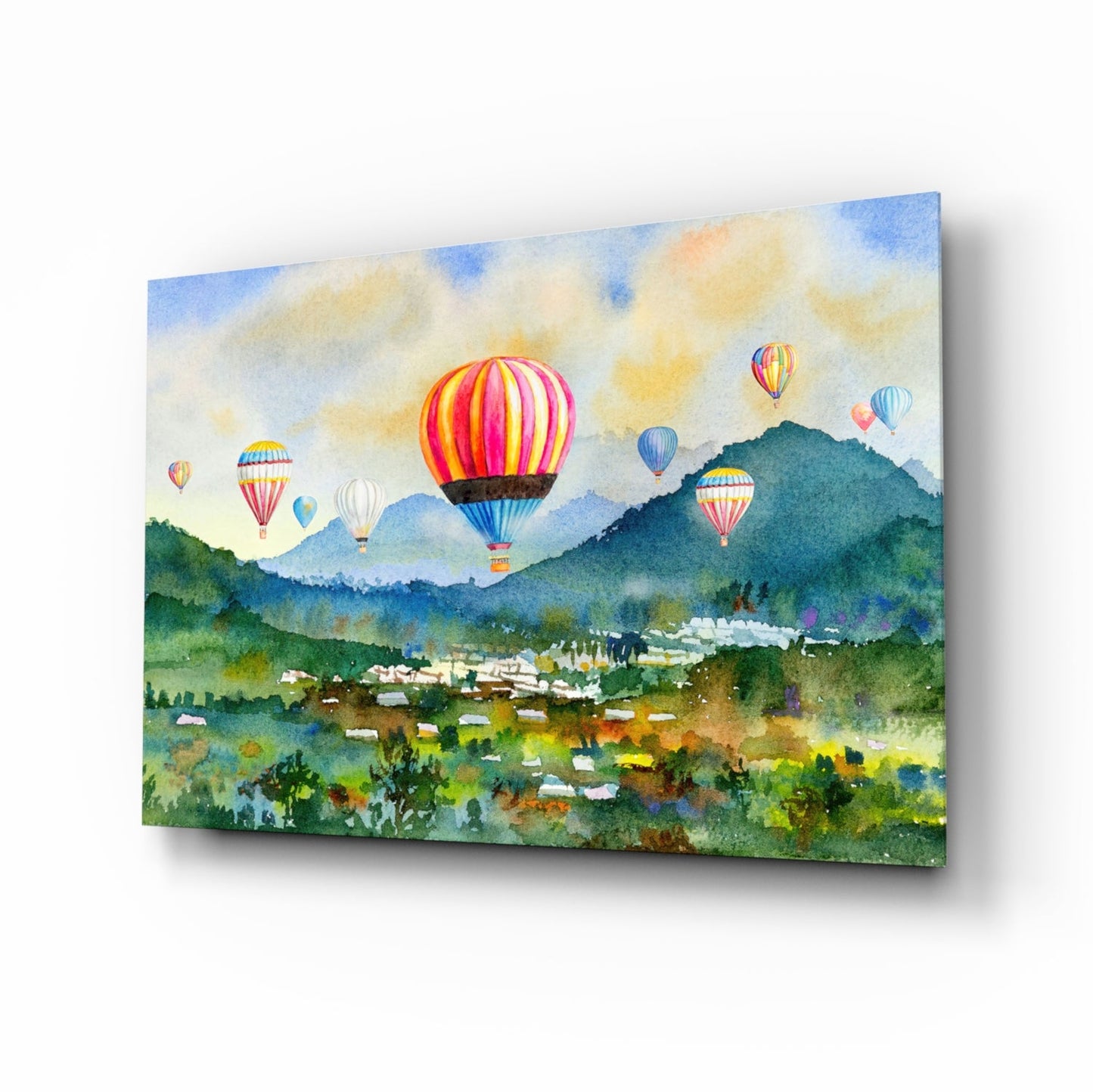 Watercolor Balloons Over Green Valley Glass Wall Art
