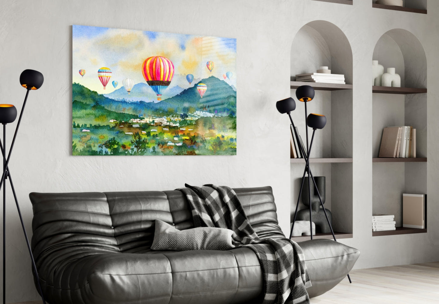 Watercolor Balloons Over Green Valley Glass Wall Art