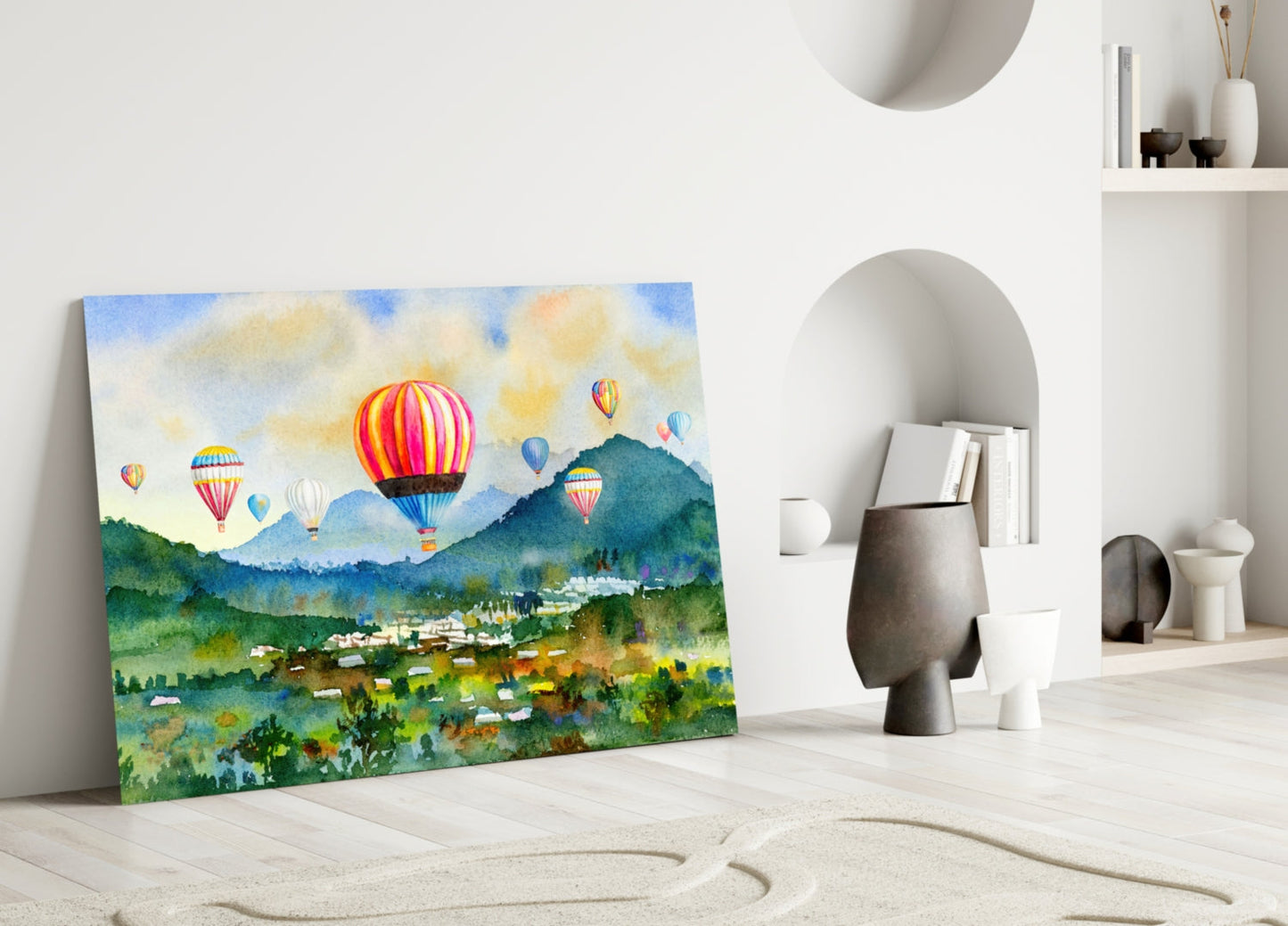 Watercolor Balloons Over Green Valley Glass Wall Art
