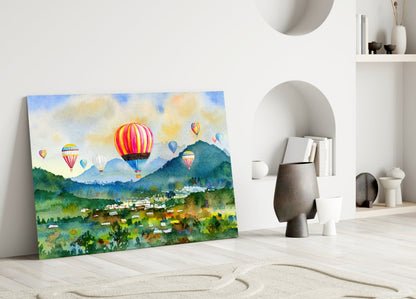 Watercolor Balloons Over Green Valley Glass Wall Art