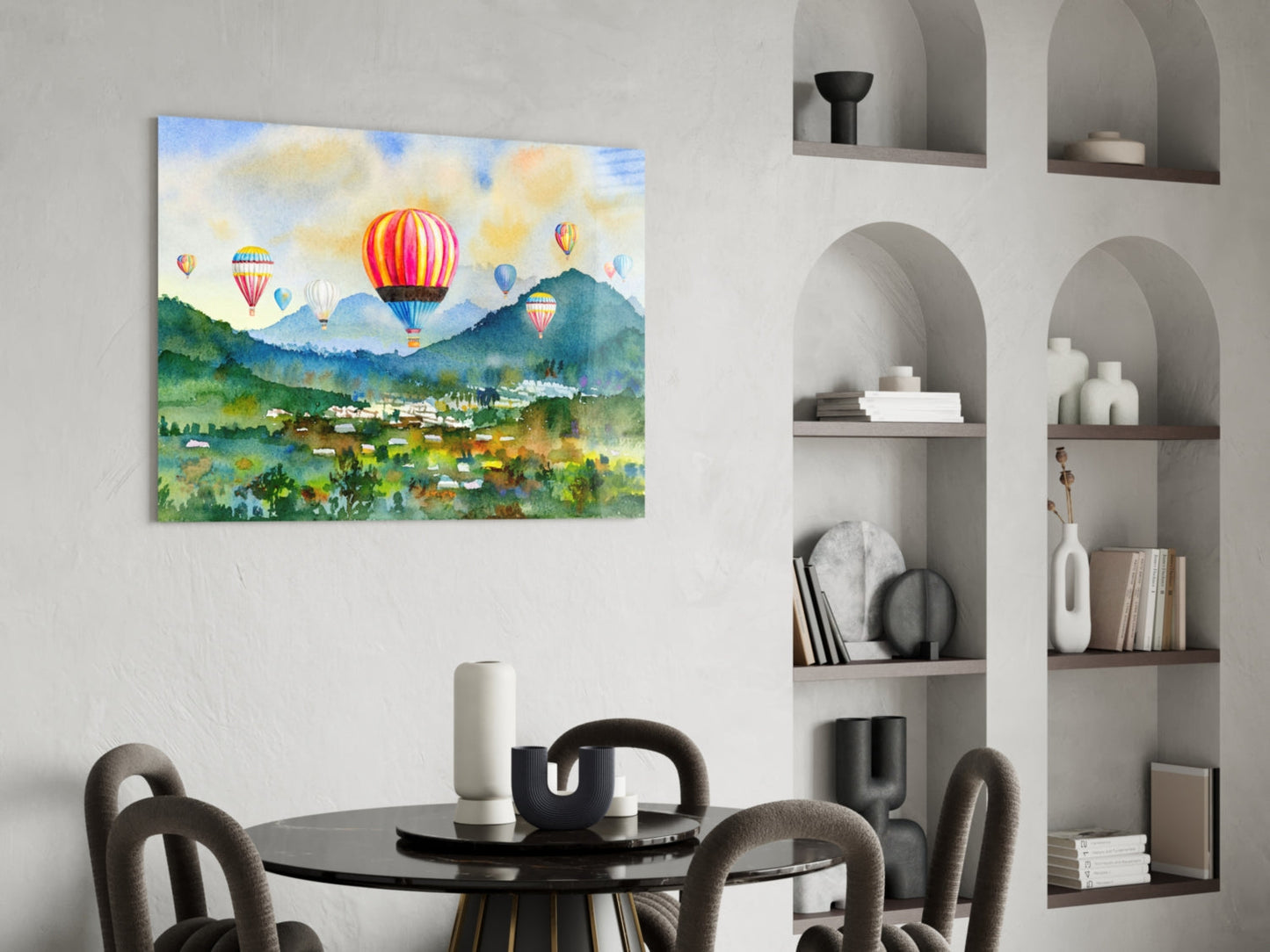 Watercolor Balloons Over Green Valley Glass Wall Art